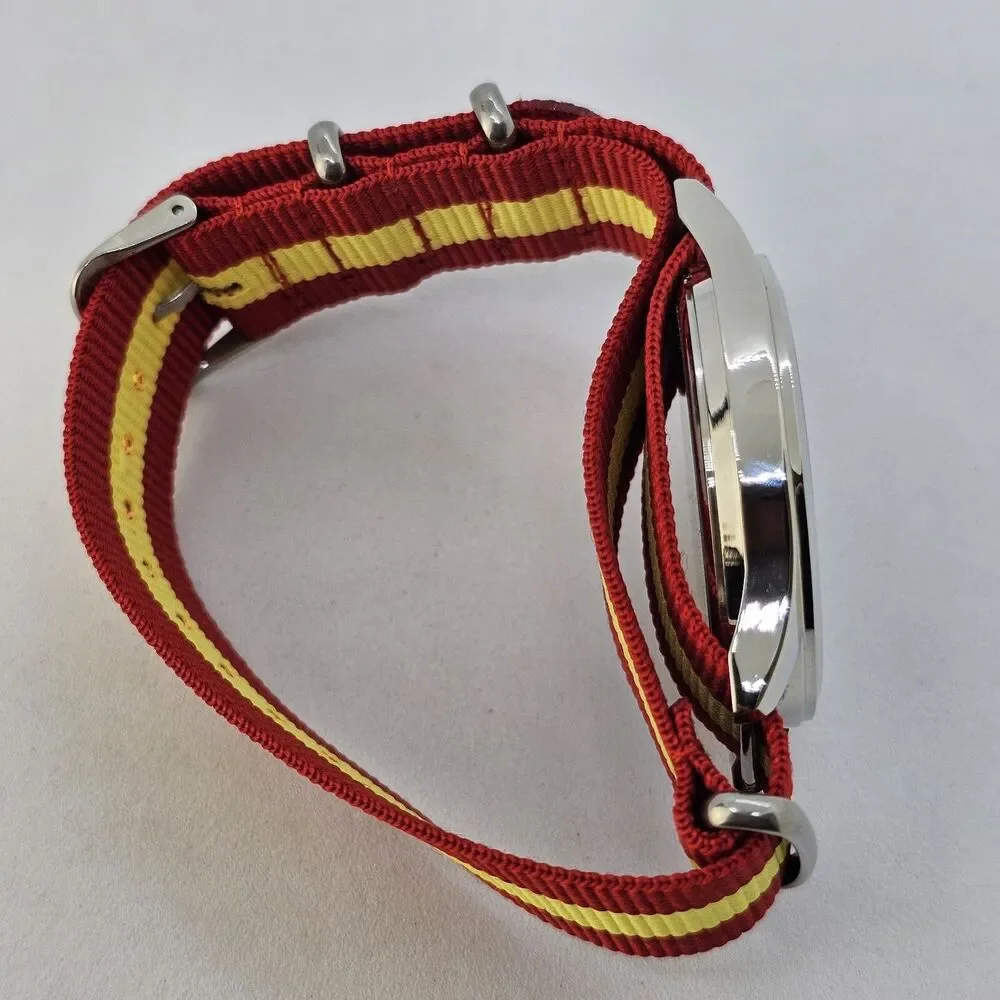 Men's 42MM Field Watch Black Dial Gray‎ Case Red Yellow Canvas Band Strap